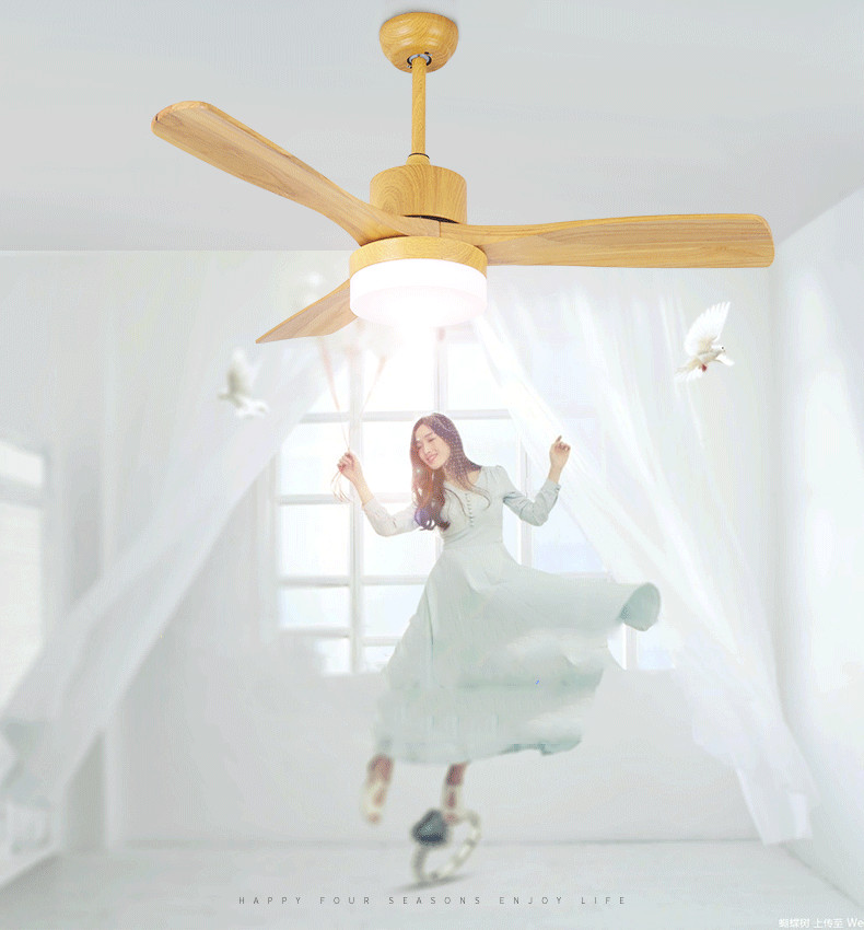 Holz-Deckenventilator mit Beleuchtung, 3 geschnitzte Holz-Lüfterflügel